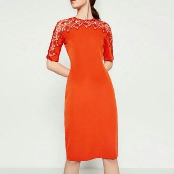 Zara Midi Dress Floral Lace Detail Orange Red Size Small - Picture 2 of 10